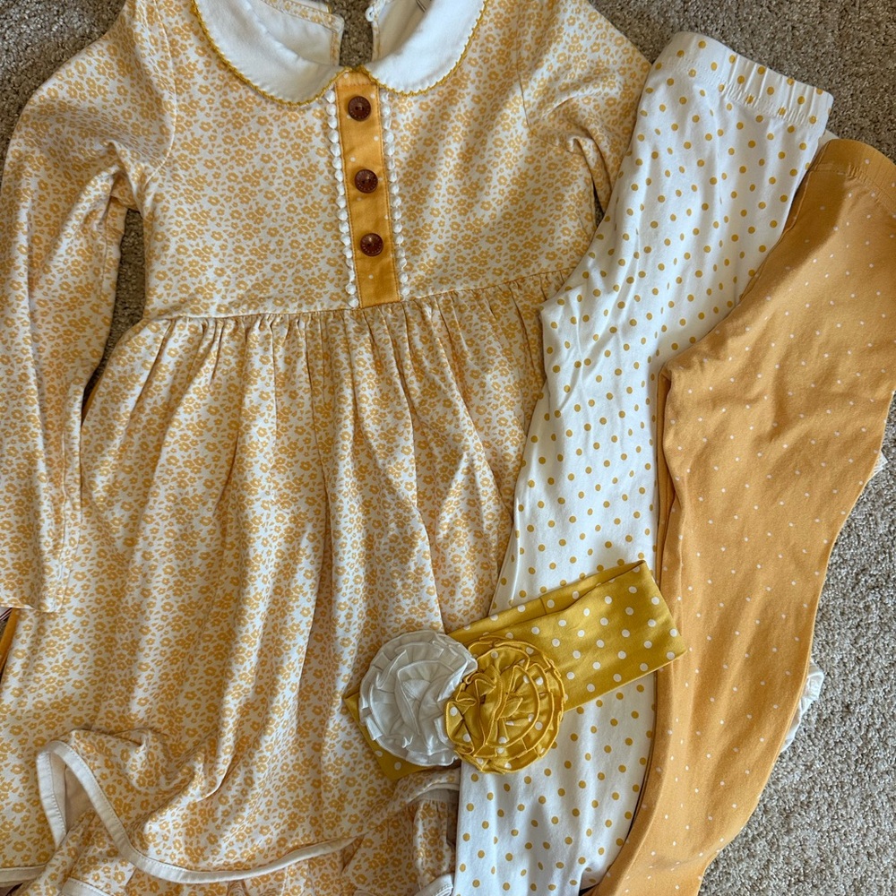 Girls' Yellow Floral Matching Set with Polka Dot Leggings and Headband